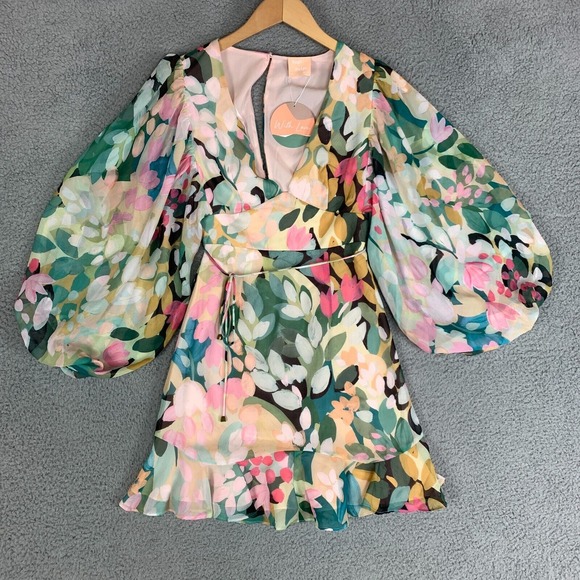 Sage + Paige Roma Mini Dress Size XS Green Floral Balloon Sleeve V Neck NWT NEW - Picture 1 of 16
